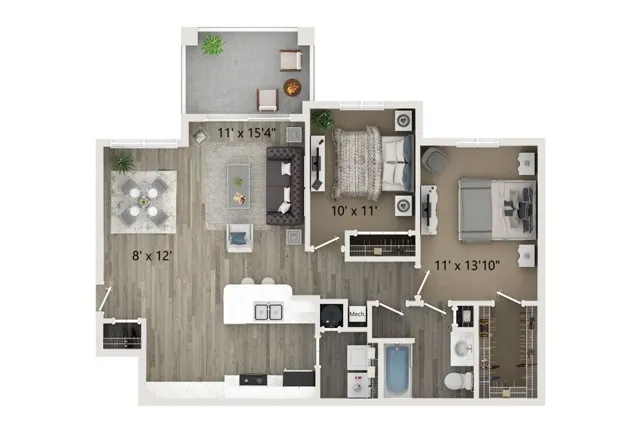 2 Bed | 2 Bath | B1U | 1000 SF
