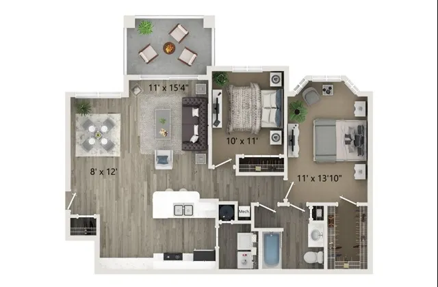 B2  2 bedroom 1 bathroom 1014 square feet