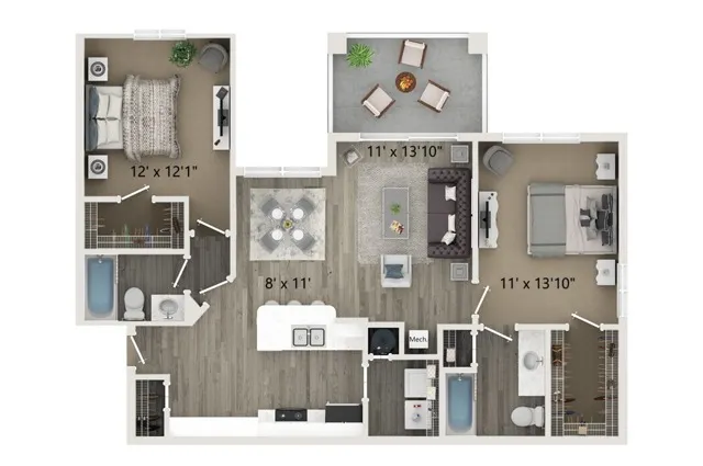 B3  2 bedroom 2 bathroom 1050 square feet