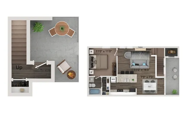 One bedroom- one bath townhome with full size washer and dryer connections. Ground floor homes offer wood plank style flooring all through out. Second floor homes offer carpet in the bedroom\'s and closets.