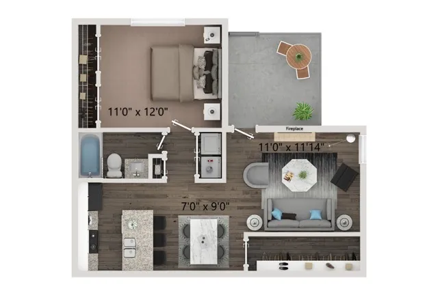 One bedroom- one bath floor plan with full size washer and dryer connections. Ground floor homes offer wood plank style flooring all through out. Second floor homes offer carpet in the bedroom\'s and closets.