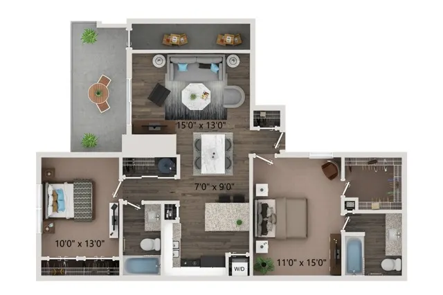 Two bedroom - two bathroom floor plan with full size washer and dryer connections. Ground floor homes offer wood plank style flooring all through out. Second floor homes offer carpet in the bedroom\'s and closets.