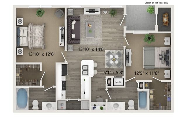 Two Bedroom Two Bath Floor Plan