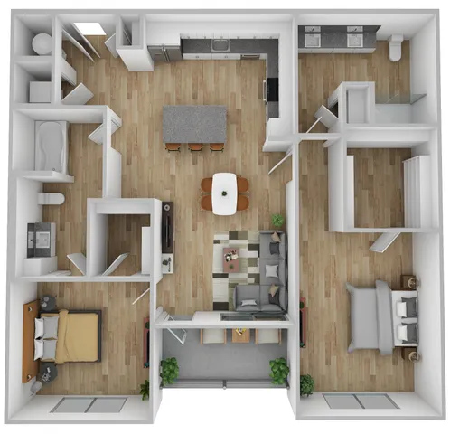 Elegant 3D floor plan showcasing a modern apartment with 2 bedrooms, open-concept kitchen, spacious living area, and 2 luxurious bathrooms.