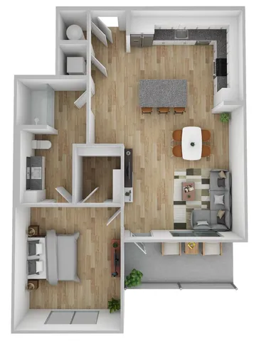Contemporary open-concept floor plan with 1 bedroom, spacious kitchen with island, inviting living area, and a cozy outdoor balcony.