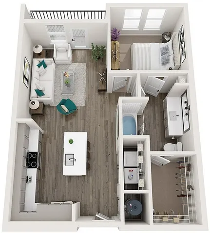 Modern 1-bedroom apartment floor plan with open-concept living area, stylish kitchen, and elegant bathroom.