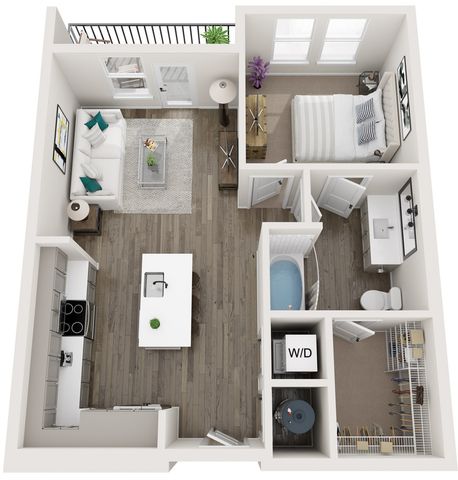 Modern 1-bedroom apartment floor plan with open-concept living area, sleek kitchen island, balcony, and stylish bathroom.