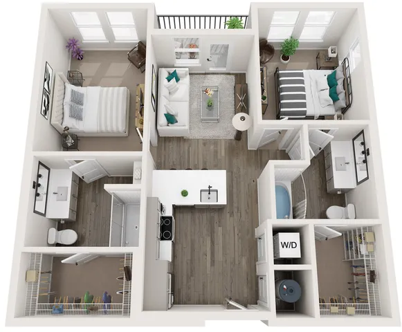 Chic 3D floor plan displaying two bedrooms, a cozy living room, modern kitchen, and stylish bathrooms with ample storage space.