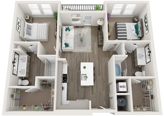 Chic and modern floor plan featuring 2 bedrooms, open-concept living and dining area, sleek kitchen, and two bathrooms with dual sinks. Includes spacious closets and a balcony for a stylish urban lifestyle.
