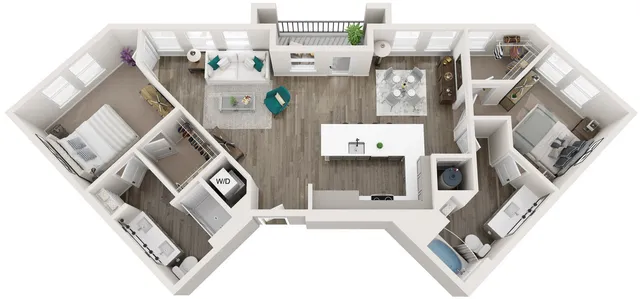 Modern and spacious floor plan featuring two bedrooms, an open-concept kitchen, cozy living room, and two bathrooms, designed for comfort and style.
