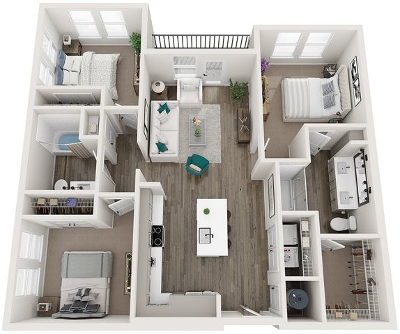 Modern 3D floor plan showcasing 2 spacious bedrooms, sleek kitchen with island, and airy living area with balcony access.