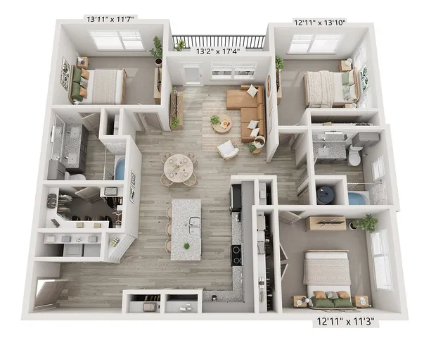3x2 1363 sqft - C1 Floorplan
