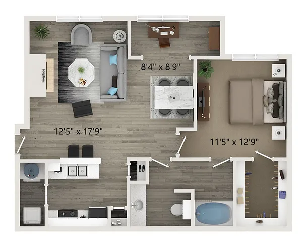 Modern 2D floor plan featuring a spacious living area with fireplace, elegant bedroom, open-concept kitchen, and a stylish bathroom.