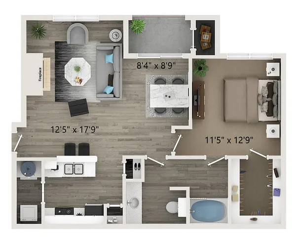 Contemporary 2D floor plan showcasing a spacious one-bedroom apartment with stylish living area, modern kitchen, cozy dining space, and elegant bathroom.