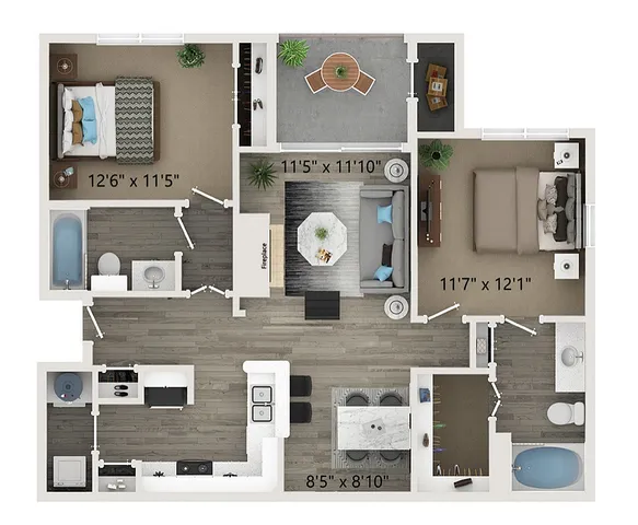Chic floor plan showcasing a spacious two-bedroom layout with a cozy living area, stylish kitchen, and private balcony, perfect for modern living.