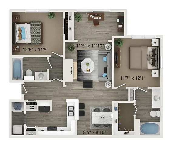 Modern 3D floor plan showcasing 2 spacious bedrooms, a cozy living room with a fireplace, and a stylish kitchen with an open dining area.