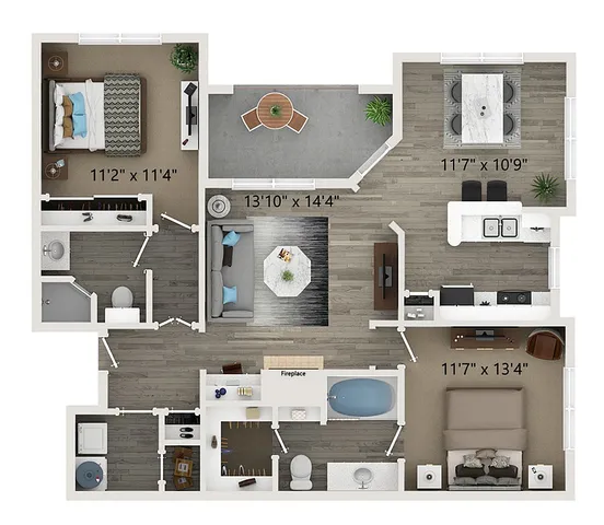 Contemporary 3D floor plan showcasing two cozy bedrooms, a spacious living room, elegant dining area, modern kitchen, and two bathrooms. Perfect for comfortable living.