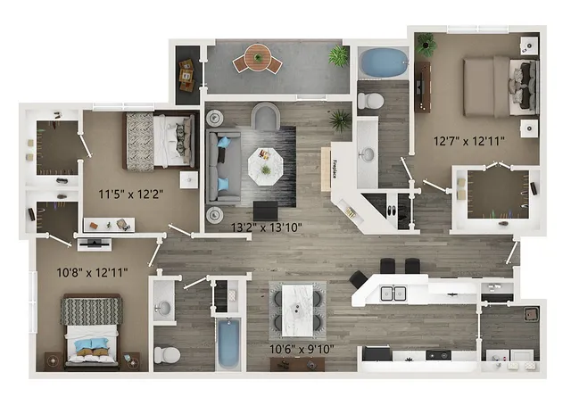 Modern floor plan showcasing 2 spacious bedrooms, a vibrant living area, sleek kitchen with island, and 2 luxurious bathrooms.