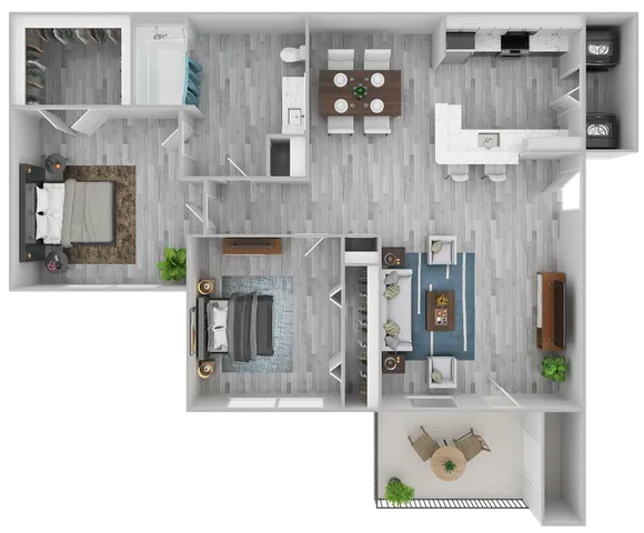 Contemporary open-concept floor plan featuring 2 bedrooms, a stylish kitchen with island seating, dining area, comfortable living room, and a private balcony.