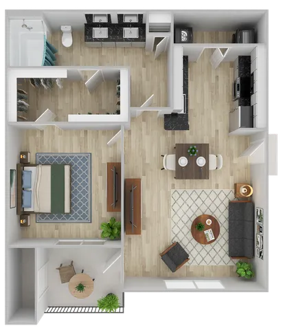 Chic 1-bedroom apartment floor plan featuring an open-concept living area, modern kitchen, and cozy balcony retreat.