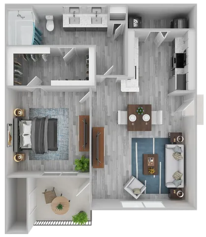 Modern floor plan featuring one bedroom with ensuite, spacious walk-in closet, open-concept living and dining area, sleek kitchen, and stylish bathroom, ideal for contemporary living.