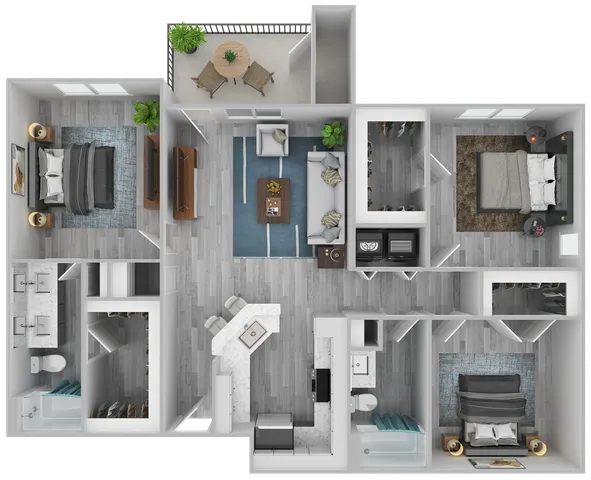 Contemporary 3D floor plan showcasing 3 bedrooms, elegant open living space, modern kitchen with island, and private balcony with seating.