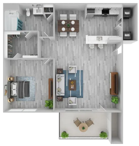 Bright and open floor plan showcasing a spacious one-bedroom layout with stylish living area, modern kitchen, elegant dining space, and a cozy patio.