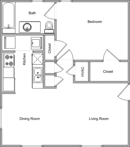 Modern floor plan showcasing 1 bedroom, full bath, well-appointed kitchen, and spacious dining and living areas.