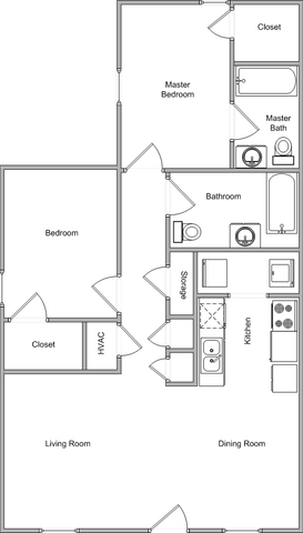 Contemporary floor plan illustrating a 2-bedroom apartment with open living and dining area, efficient kitchen, and two bathrooms.