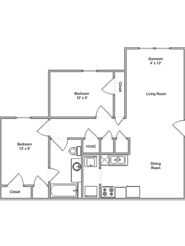 Inviting floor plan showcasing 2 bedrooms, spacious living room, cozy sunroom, and efficient kitchen layout.