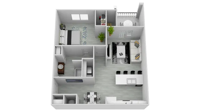 Modern apartment floor plan featuring a cozy bedroom, open-concept living area, sleek kitchen with island, and private balcony.