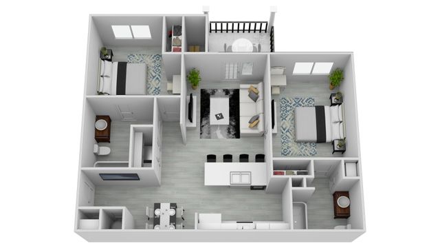 Modern 3D apartment floor plan featuring two spacious bedrooms, open-concept living and dining area, sleek kitchen, and two elegant bathrooms.