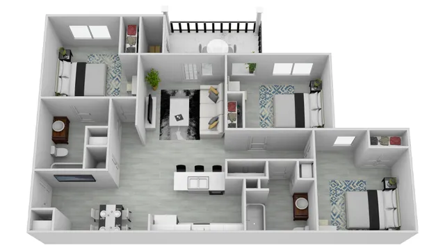 Modern 3D apartment floor plan showcasing three spacious bedrooms, an elegant open kitchen, and a cozy living room with a balcony.