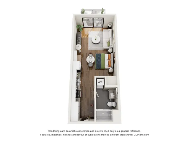 Modern studio apartment floor plan featuring an open-concept living area, elegant kitchen, cozy bedroom space, and a stylish bathroom with a washer/dryer unit.