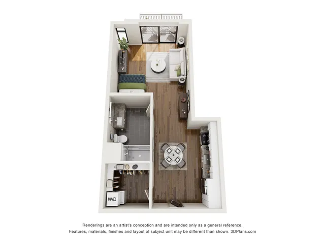 Modern 3D floor plan showcasing a cozy apartment with a bedroom, stylish living area, efficient kitchen, and chic bathroom layout.