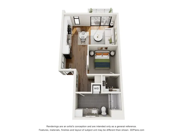 Chic 3D floor plan showcasing a modern 1-bedroom apartment with open-concept living and dining area, sleek kitchen, stylish bathroom, and private balcony.