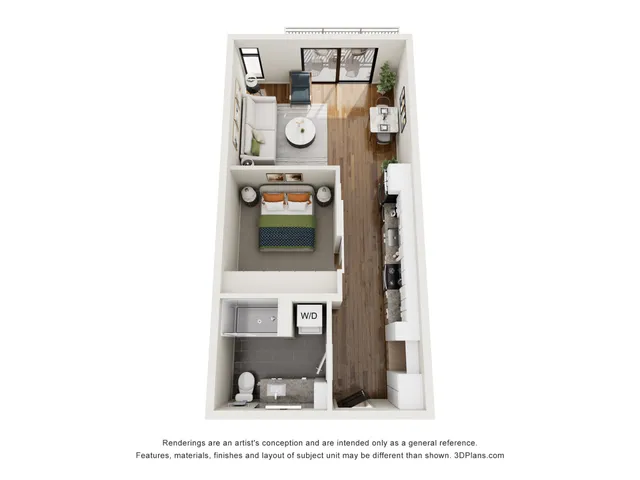 Contemporary 3D floor plan featuring a cozy bedroom, modern kitchen with island seating, stylish living area, and a balcony view.