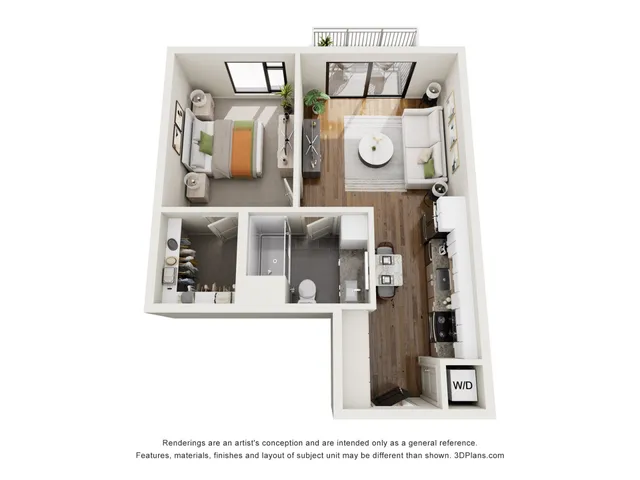 Modern 3D floor plan showcasing a cozy one-bedroom apartment with an open living area, stylish kitchen, and private balcony.