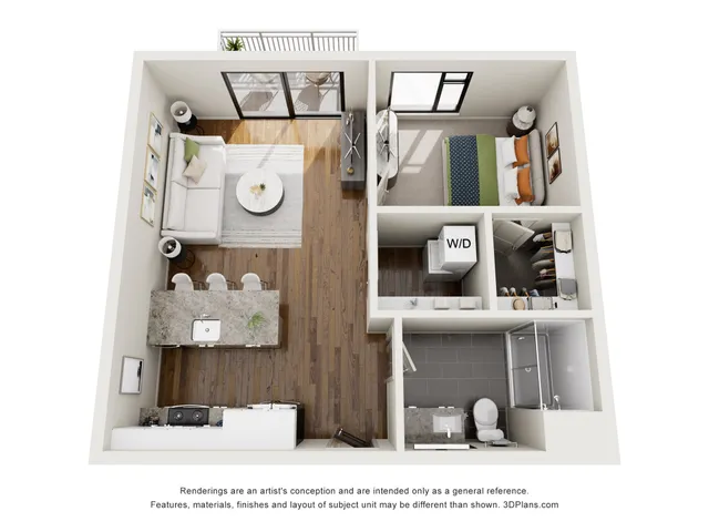 Modern 1-bedroom apartment floor plan featuring a cozy living area, stylish kitchen with an island, spacious bathroom, and private balcony.