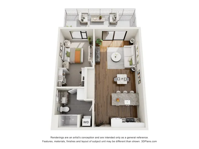 Modern 3D floor plan showcasing a cozy 1-bedroom apartment with a spacious living room, stylish kitchen with dining area, luxurious bathroom, and a private balcony.