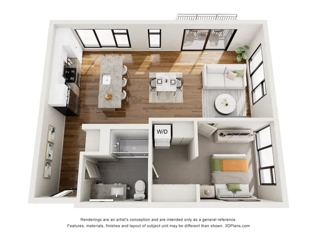 Modern 3D floor plan featuring a cozy bedroom, stylish kitchen with island seating, spacious living area, and sleek bathroom.