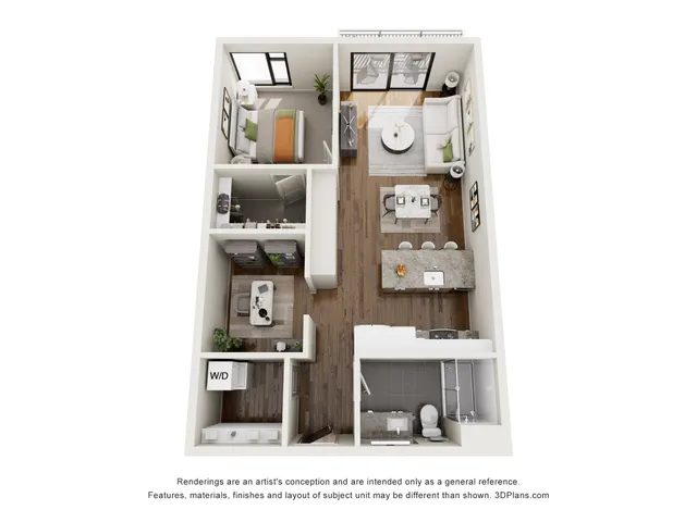 Modern 3D floor plan featuring a spacious 2-bedroom apartment with an open-concept living and dining area, sleek kitchen, and cozy balcony.