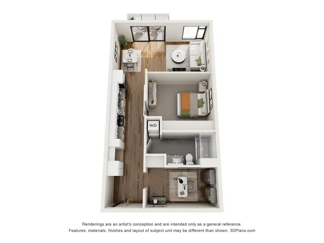 Modern 3D floor plan showcasing a one-bedroom apartment with open-concept kitchen, cozy living area, and private balcony.