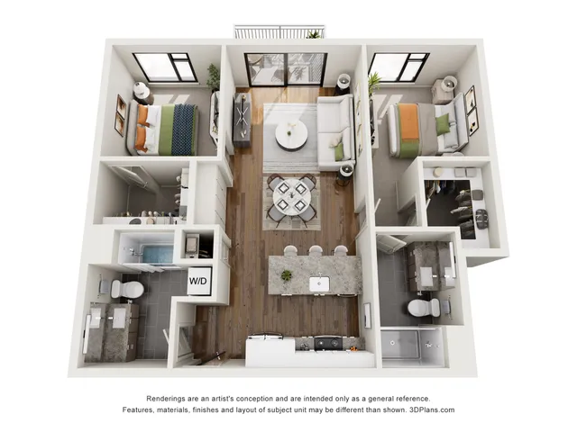 Charming 3D floor plan showcasing two stylish bedrooms, an elegant open-concept living and dining area, modern kitchen, and two luxurious bathrooms.