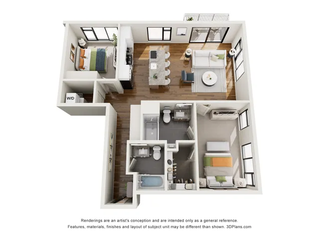 Modern 3D floor plan showcasing a spacious two-bedroom apartment with an open kitchen, elegant living area, and two bathrooms, featuring natural light and stylish finishes.