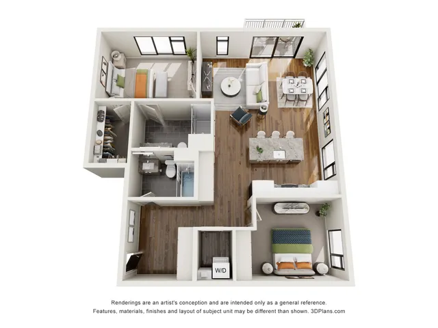 Chic 3D floor plan featuring a modern 2-bedroom apartment with an open-concept kitchen, living area, and dining space filled with natural light.
