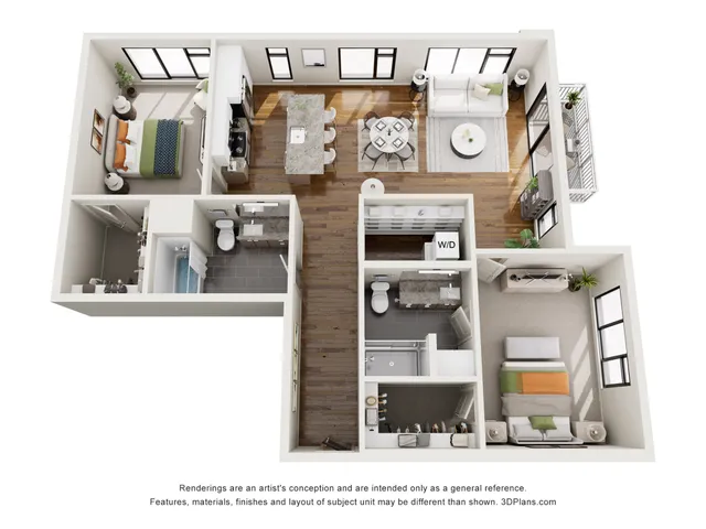 Contemporary 3D floor plan showcasing 2 bedrooms, modern kitchen with island, inviting living space, and private balcony.
