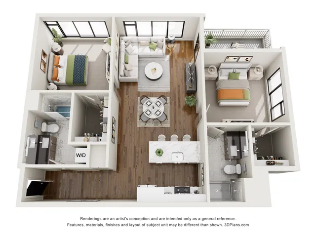 Contemporary apartment floor plan showcasing 2 cozy bedrooms, elegant open-concept living and dining area, modern kitchen, stylish bathrooms, and a charming balcony.