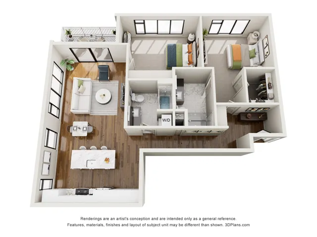 Modern 3D floor plan showcasing two cozy bedrooms, a sleek kitchen with breakfast bar, and an inviting living room, all bathed in natural light. Features a stylish bathroom and a private balcony for relaxing evenings.