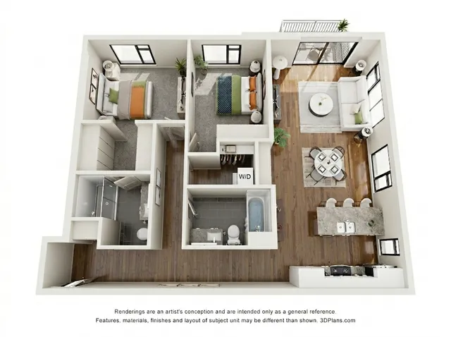 Modern 3D apartment floor plan showcasing 2 bedrooms, stylish open living area, sleek kitchen with island, and private balcony.